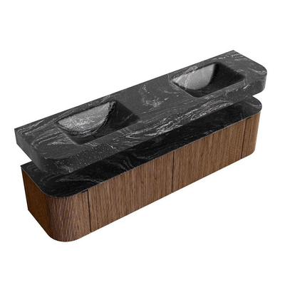 MONDIAZ THOR-DLUX Meuble de salle de bains 190cm arrondi gauche + droite couleur Walnut avec 2 tiroirs et 2 portes. Vasque suspendue CLOUD Double 2 trous de robinet couleur Lava.