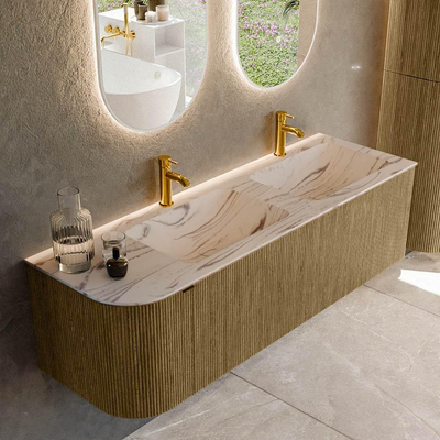 MONDIAZ KURVE-DLUX Meuble de salle de bains 145cm arrondi à gauche couleur Dusk avec 1 tiroir et 1 porte. Lavabo LEAF Double / à droite 2 trous de robinet Nata.