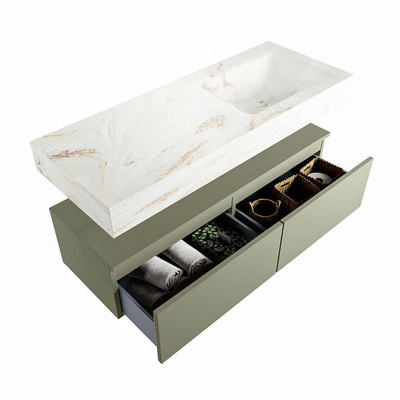 Mondiaz ALAN-DLUX Ensemble de meuble - 120cm - meuble Army mat - 2 tiroirs - Lavabo Cloud Frappe suspendu - vasque Droite - 1 trou de robinet