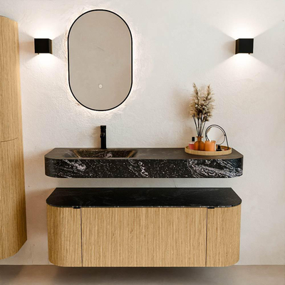 MONDIAZ THOR-DLUX 130cm badmeubel ronding links + rechts kleur Oak met 1 lade en 2 deuren. Vrijhangende wastafel CLOUD Links 1 kraangat kleur Lava.