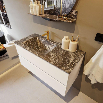 Mondiaz VICA-DLUX ensemble de meuble de salle de bain - 100cm - meuble sous lavabo talc - 2 tiroirs - lavabo encastré cloud gauche - 1 trou de robinet - miroir modèle spot - version XL 60cm haut - lave