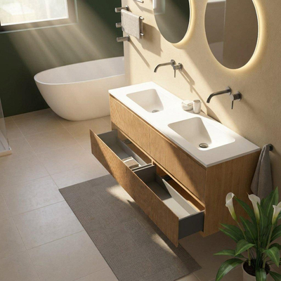 Saniclass Holz Atelier Ensemble meuble de salle de bains - 160x45x77.5cm - vasque Torino en solid surface blanc - sans trou de robinetterie - 4 tiroirs - chêne natural mat (bois)