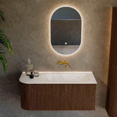 MONDIAZ KURVE-DLUX 105cm Meuble salle de bain avec module 25 G - couleur Walnut - 1 tiroir - 1 porte - vasque BIG SMALL droite - sans trou de robinet - couleur Ostra