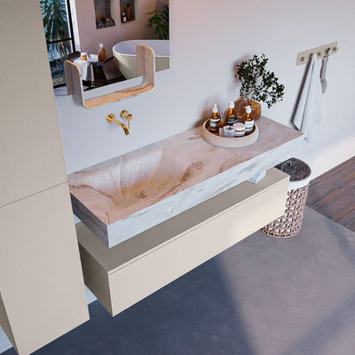 Mondiaz ALAN-DLUX Ensemble de meuble - 130cm - meuble Linen mat - 1 tiroir - Lavabo Cloud Frappe suspendu - vasque Gauche - 0 trous de robinet