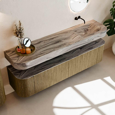 MONDIAZ THOR-DLUX Meuble de salle de bains 190cm arrondi gauche + droite couleur Dusk avec 2 tiroirs et 2 portes. Vasque suspendue CLOUD Droite sans trou de robinet couleur Sombra.