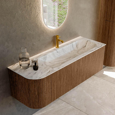 MONDIAZ KURVE-DLUX 135cm Meuble salle de bain avec module 25 G - couleur Walnut - 1 tiroir - 1 porte - vasque BIG MEDIUM droite - 1 trou de robinet - couleur Glace