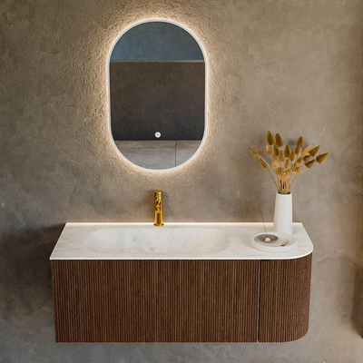 MONDIAZ KURVE-DLUX meuble de salle de bain 115cm avec module 25 R couleur Walnut avec 1 tiroir et 1 porte. Lavabo BIG SMALL gauche 1 trou de robinetterie couleur Opalo.