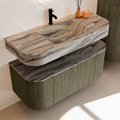 MONDIAZ THOR-DLUX Meuble de salle de bains 110cm arrondi gauche + droite couleur Shadow avec 1 tiroir et 2 portes. Vasque suspendue CLOUD Milieu 1 trou de robinet couleur Sombra.