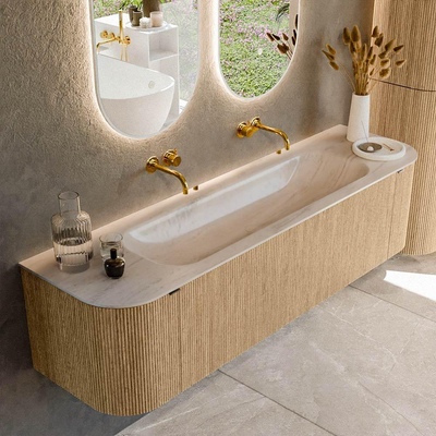 MONDIAZ KURVE-DLUX 170cm badmeubel ronding Links + Rechts kleur Oak met 1 lade en 2 deuren. Wastafel BIG LARGE Midden zonder kraangat Meli.