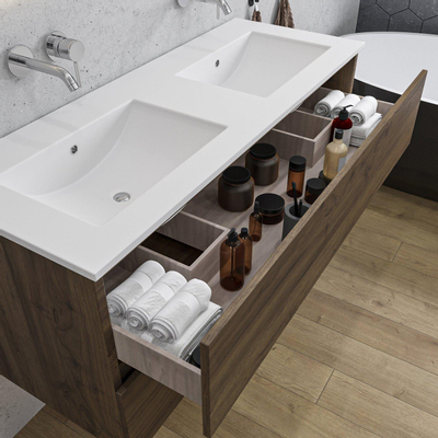 Adema Chaci Ensemble de meuble - 120x46x57cm - 2 vasques en céramique blanche - sans trou de robinet - 2 tiroirs - armoire de toilette - Noyer