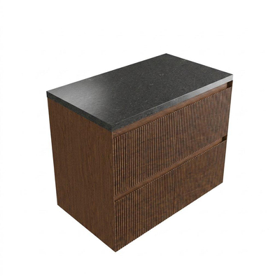 Saniclass Holz Atelier Ensemble de meubles de salle de bains - 80x45x63cm - plan vasque en basalte Noche poli (noir) - sans trou de robinetterie - 2 tiroirs - noyer pur mat (bois)