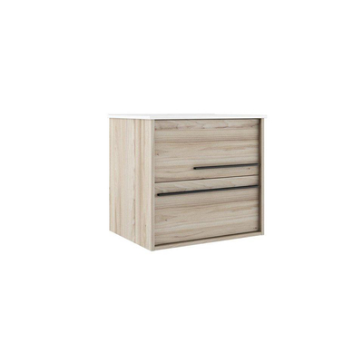 Saniclass Prime Essential Meuble de salle de bain - 120x55x46cm - 2 vasques rectangulaires blanc - 2 trous de robinet - 4 tiroirs - miroir rectangulaire - chêne clair