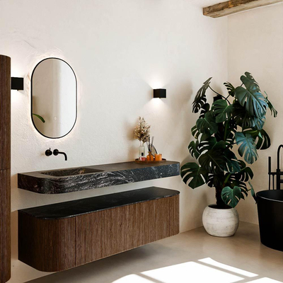 MONDIAZ THOR-DLUX 160cm meuble de salle de bains arrondi gauche + droite couleur Walnut avec 1 tiroir et 2 portes. Vasque suspendue CLOUD gauche sans trou de robinet couleur Lava.