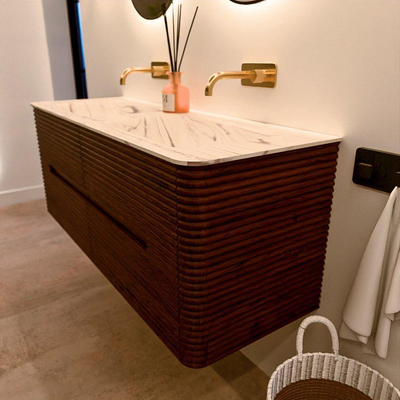 Mondiaz CIRO-DLUX Meuble de salle de bains - 130x45x50cm - Plan vasque en solid surface Nata - 2 lavabos double - sans trous de robinetterie - 4 tiroirs - Ruby