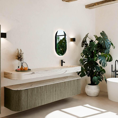 MONDIAZ THOR-DLUX 200cm meuble de salle de bains arrondi gauche + droite couleur Shadow avec 2 tiroirs et 2 portes. Vasque suspendue CLOUD Droite 1 trou de robinet couleur Nata.