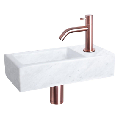 Differnz Helios fonteinset – 37.5x18.5x9.5 cm – mineraalmarmer marmer – kraangat rechts – gebogen koperen kraan