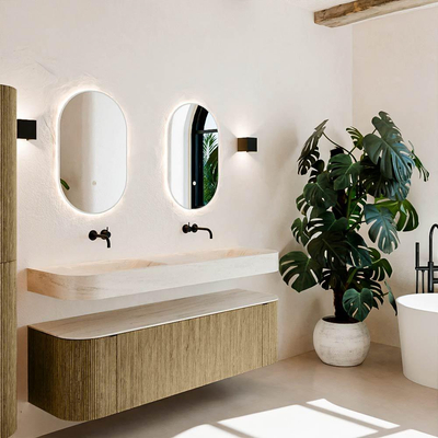 MONDIAZ THOR-DLUX 160cm meuble de salle de bains arrondi gauche + droite couleur Dusk avec 1 tiroir et 2 portes. Vasque suspendue CLOUD Double sans trou de robinet couleur Meli.