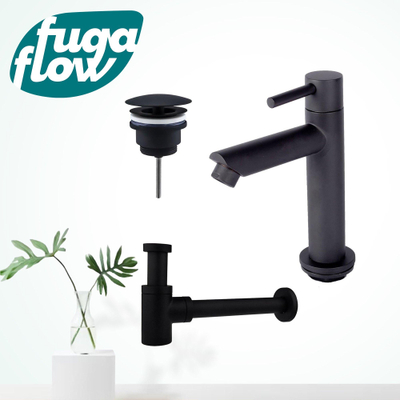 FugaFlow Eccelente Sobrado Badkamer fonteinkraanset met staande fonteinkraan laag, always open plug en design sifon Mat Zwart - Black Friday -