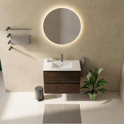 Saniclass Holz Pure Ensemble de meubles de salle de bains - 80x45x62cm - Lavabo Vygo en céramique blanc - 1 vasque - 1 trou de robinetterie - 2 tiroirs - chêne charcoal mat (bois)