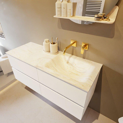 Mondiaz VICA-DLUX ensemble de meuble de salle de bain - 120cm - meuble sous lavabo talc - 4 tiroirs - lavabo encastré cloud droite - sans trous de robinet - version haute de 60cm - ostra