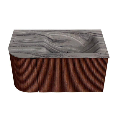 MONDIAZ KURVE-DLUX Meuble de salle de bains 85cm arrondi à gauche couleur Ruby avec 1 tiroir et 1 porte. Lavabo CLOUD à droite sans trou de robinet Sombra.