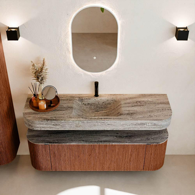 MONDIAZ THOR-DLUX 150cm meuble de salle de bains arrondi gauche + droite couleur Ruby avec 1 tiroir et 2 portes. Vasque suspendue CLOUD Milieu 1 trou de robinet couleur Oza.