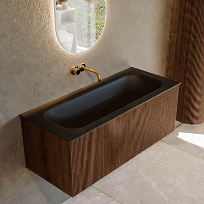 MONDIAZ KURVE 110cm badmeubel kleur Walnut met 1 lade. Wastafel BIG MEDIUM midden zonder kraangat Urban.