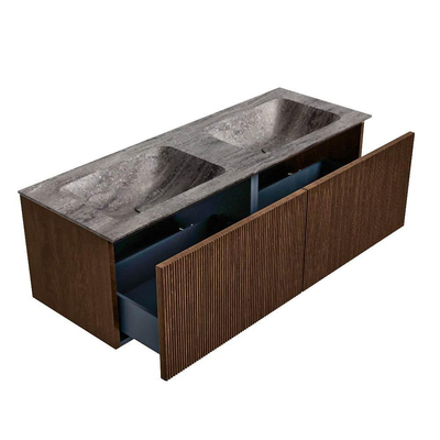 MONDIAZ KURVE-DLUX Meuble de salle de bains 130cm couleur Walnut avec 2 tiroirs et 0 portes. Lavabo LEAF Double sans trou de robinet Oza.