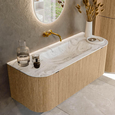 MONDIAZ KURVE-DLUX Meuble de salle de bains 120 cm avec module 25 Len R couleur Chêne avec 1 tiroir et 2 portes. Lavabo BIG SMALL central sans trou de robinet couleur Glace.