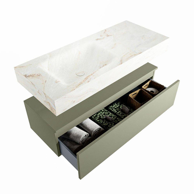 Mondiaz ALAN-DLUX Ensemble de meuble - 110cm - meuble Army mat - 1 tiroir - Lavabo Cloud Frappe suspendu - vasque Gauche - 1 trou de robinet