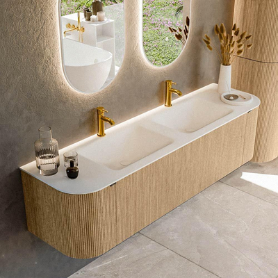 MONDIAZ KURVE 170cm badmeubel met module 25 Len R kleur Oak met 1 lade en 2 deuren. Wastafel CLOUD dubbel 2 kraangaten Talc.