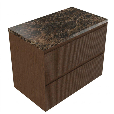 Saniclass Holz Atelier Ensemble meuble de salle de bains - 80x45x63cm - Plan en pierre naturelle Noche dark emperador - 1 trou de robinet - 2 tiroirs - mat walnut pure (bois)