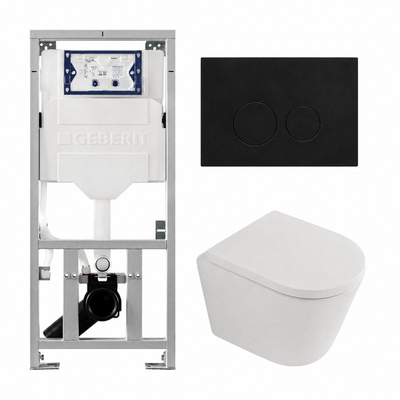 QeramiQ Dely Pack WC - 36.3x51.7cm - à fond creux - sans bride - réservoir encastré Geberit UP320 - abattant WC softclose 35 mm - plaque de commande en métal noir mat - boutons ronds - blanc mat