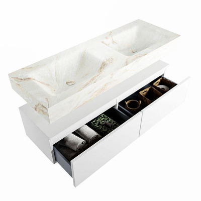 Mondiaz ALAN-DLUX Ensemble de meuble - 130cm - meuble Talc mat - 2 tiroirs - Lavabo Cloud Frappe suspendu - vasque Gauche et droite - 2 trous de robinet