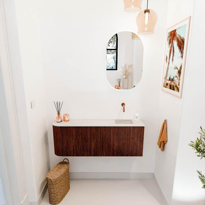 Mondiaz JOYA-DLUX 111.6cm meuble de salle de bains - arrondi gauche couleur Ruby - Vasque FAYE position Droite Sans trou de robinet couleur Meli.