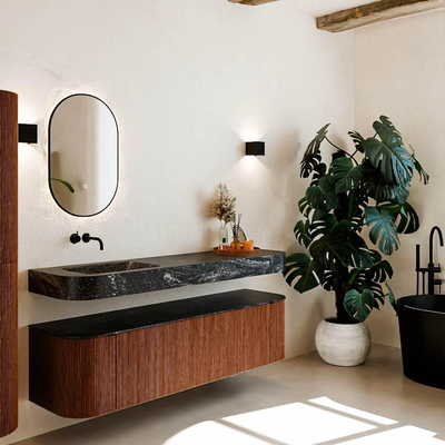 MONDIAZ THOR-DLUX Meuble de salle de bains 170cm arrondi gauche + droite couleur Ruby avec 1 tiroir et 2 portes. Vasque suspendue CLOUD Gauche sans trou de robinet couleur Lava.