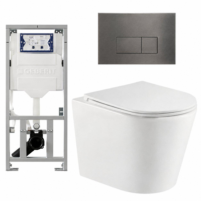 QeramiQ Dely Toiletset - 36.3x51.7cm - diepspoel - rimless - Geberit UP320 inbouwreservoir - met Burda frame - softclose toiletzitting - gunmetal bedieningsplaat - rechtehoekige knoppen - glans wit