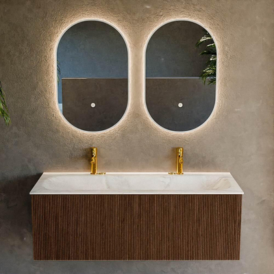 MONDIAZ KURVE-DLUX 120cm badmeubel kleur Walnut met 1 lade. Wastafel BIG LARGE midden 2 kraangaten kleur Ostra.