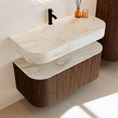 MONDIAZ THOR-DLUX 100cm meuble de salle de bains arrondi gauche + droite couleur Walnut avec 1 tiroir et 2 portes. Vasque suspendue CLOUD Milieu 1 trou de robinet couleur Ostra.