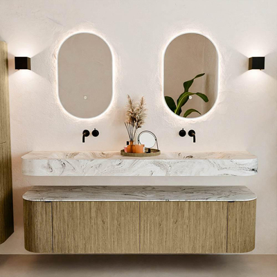 MONDIAZ THOR-DLUX 180cm meuble de salle de bains arrondi gauche + droite couleur Dusk avec 2 tiroirs et 2 portes. Vasque suspendue CLOUD Double sans trou de robinet couleur Glace.