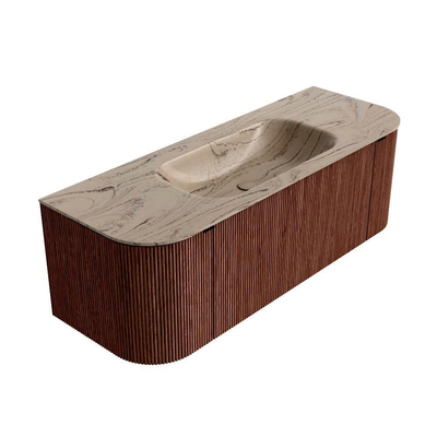 MONDIAZ KURVE-DLUX Meuble de salle de bains 130cm arrondi Gauche + Droite couleur Ruby avec 1 tiroir et 2 portes. Plan-vasque BIG SMALL Central 1 trou de robinet Arena.