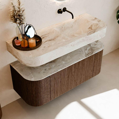 MONDIAZ THOR-DLUX 120cm meuble de salle de bains arrondi gauche + droite couleur Walnut avec 1 tiroir et 2 portes. Vasque suspendue CLOUD droite sans trou de robinet couleur Frappe.