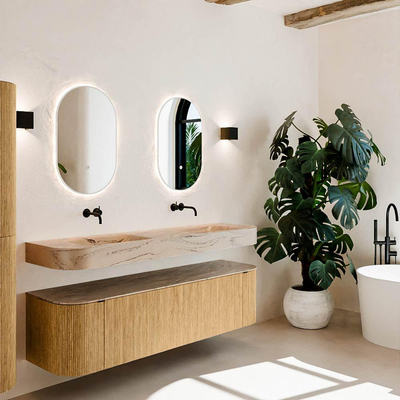 MONDIAZ THOR-DLUX 170cm badmeubel ronding links + rechts kleur Oak met 1 lade en 2 deuren. Vrijhangende wastafel CLOUD Dubbel zonder kraangat kleur Arena.