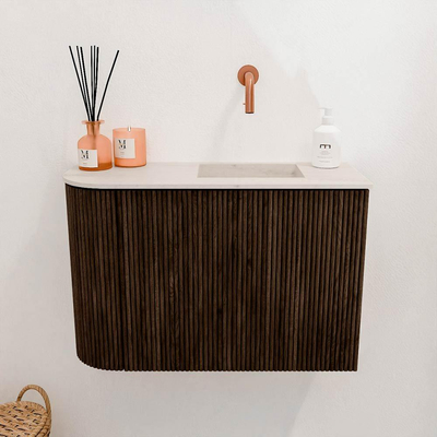 Mondiaz JOYA-DLUX 61.6cm toiletmeubel - ronding links kleur Walnut - Wastafel FAYE positie Rechts Zonder kraangat kleur Meli.