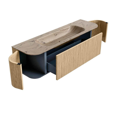 MONDIAZ KURVE-DLUX Meuble de salle de bains 160cm arrondi Gauche + Droite couleur Chêne avec 1 tiroir et 2 portes. Lavabo BIG MEDIUM Central 1 trou de robinet Arena.