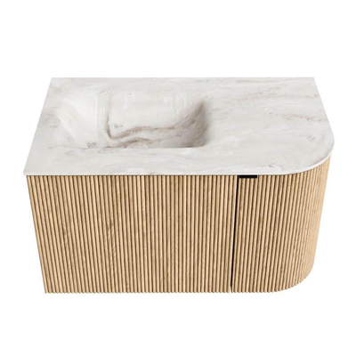 MONDIAZ KURVE-DLUX Meuble de salle de bains 75 cm avec module 25 R couleur Oak avec 1 tiroir et 1 porte. Lavabo GRUNNE gauche 1 trou de robinet couleur Frappe.