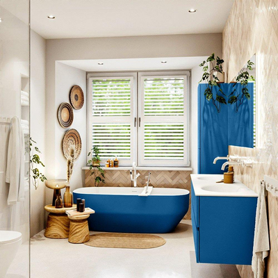 Mondiaz VICA ensemble de meuble de salle de bain - 150cm - meuble sous-vasque jeans - 2 tiroirs - lavabo moon double - sans trous de robinet - couleur talc - miroir LED - version XL 60cm de haut