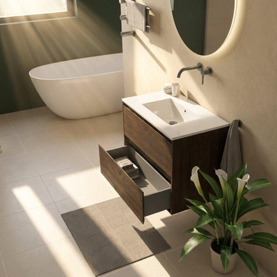 Saniclass Holz Pure Ensemble meuble de salle de bains - 80x45x62cm - Lavabo en céramique Vygo blanc - 1 vasque - sans trou de robinetterie - 2 tiroirs - chêne charcoal mat (bois)