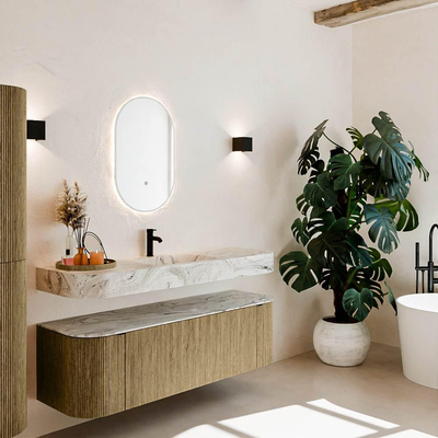 MONDIAZ THOR-DLUX 150cm meuble de salle de bains arrondi gauche + droite couleur Dusk avec 1 tiroir et 2 portes. Vasque suspendue CLOUD Milieu 1 trou de robinet couleur Glace.