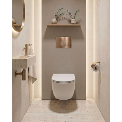 QeramiQ Dely Pack WC cuvette sans bride 36.3x51.7cm avec bâti-support Geberit UP320 abattant WC blanc brillant frein de chute et plaque de commande Cuivre boutons Rectangulaires